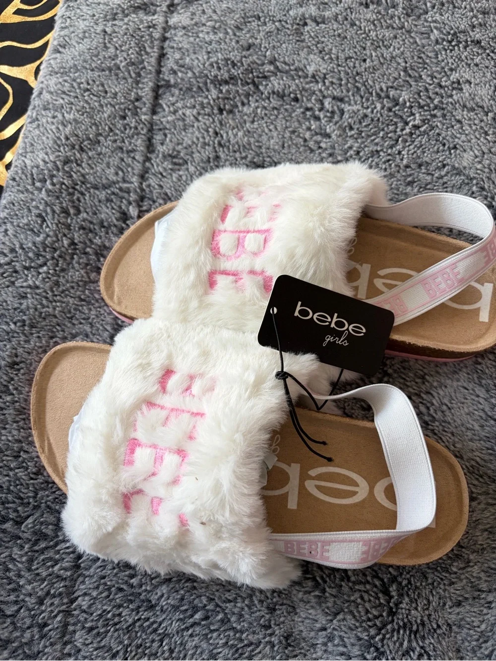 bebe Girls White Faux-Fur Slide Sandals with Pink Logo